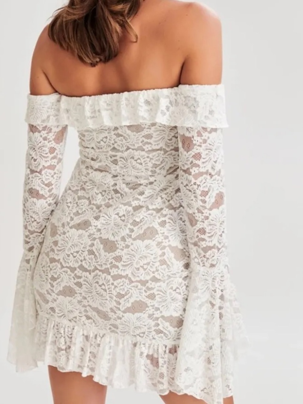 Meshki Lindsay Lace Plisse Off-Shoulder Lace Mini Dress in Ivory White XL - Picture 2 of 5